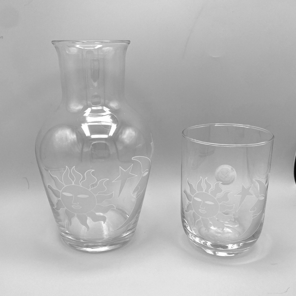 Vintage 90s Celestial Bedside Water Carafe Set Etched Sun Moon Stars Tumble Up